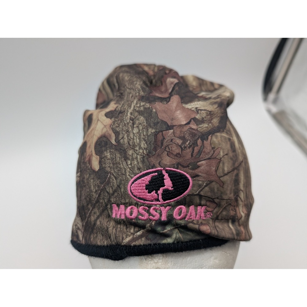 Mossy Oak Reversible Camo Beanie Hat Pink Logo Black Ribbed Knit Hunting Cap